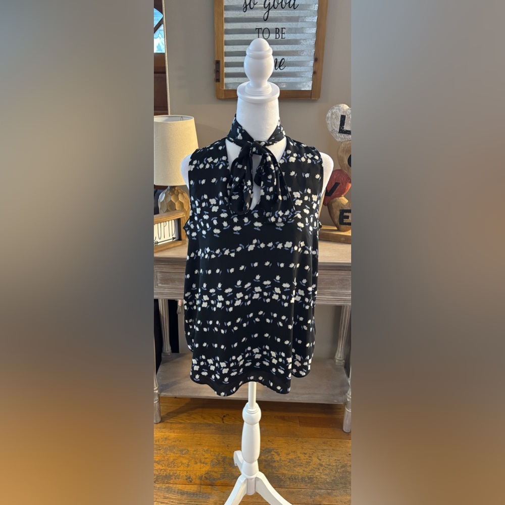 Ann Taylor Floral Tie Neck Sleeveless Blouse